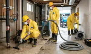 Canton, MI technicians perform burst pipe water cleanup and drying in a flooded home